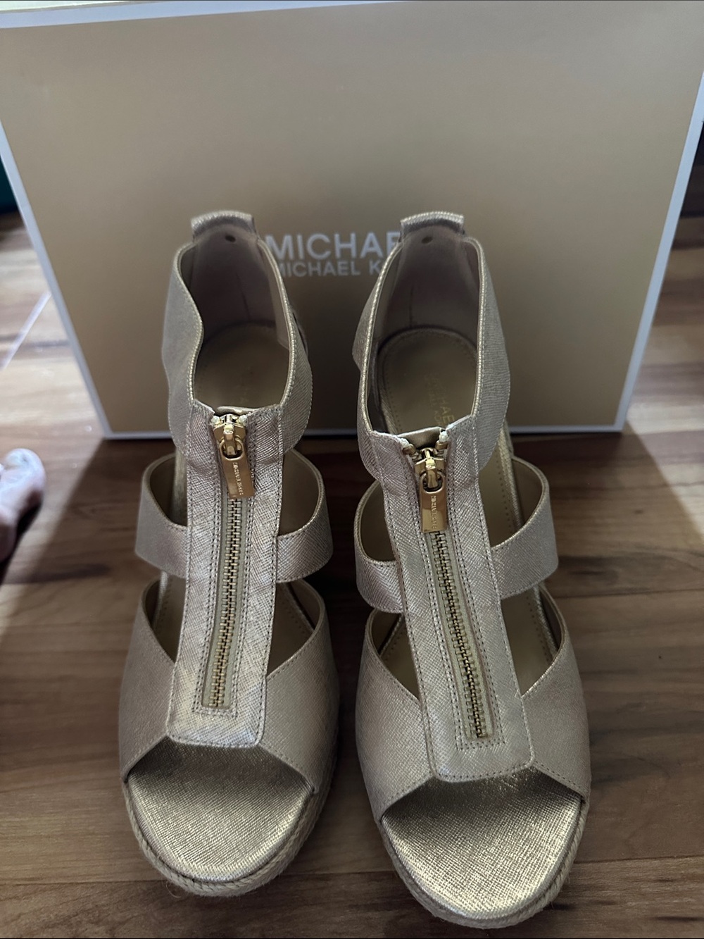 Michael Kors Metallic Gold Front-Zip Wedge Sandals